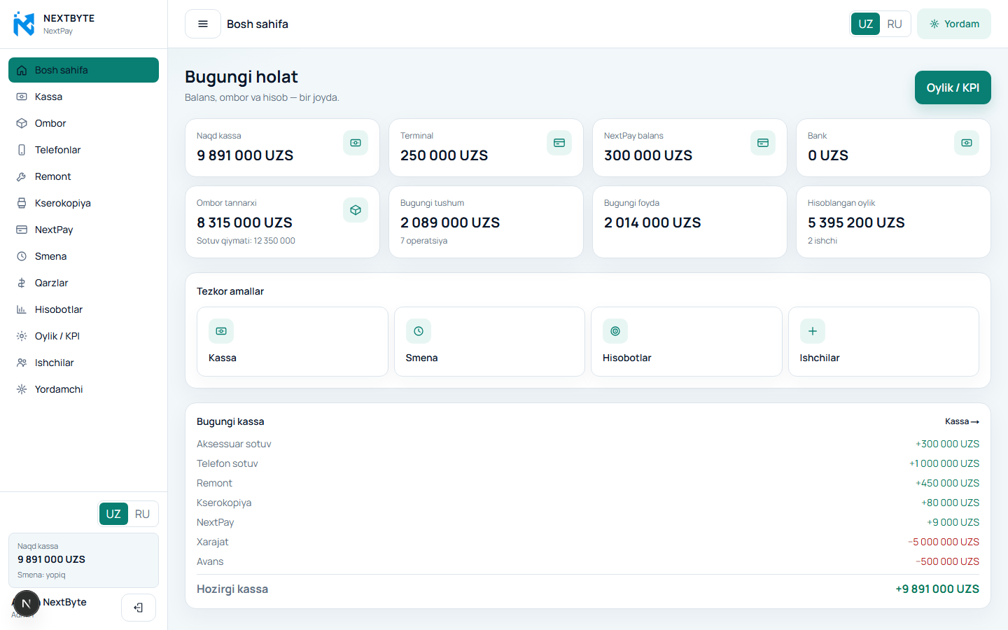NextPay dashboard — daily sales, cash wallets and quick actions